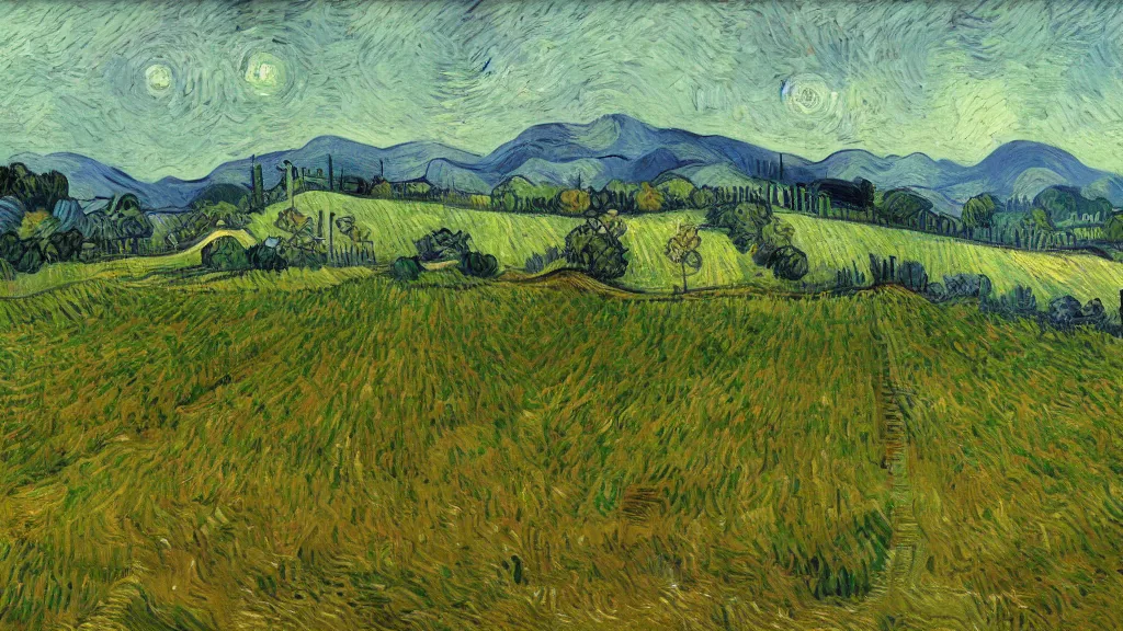 Prompt: trending on artstation, an idyllic vineyard, oil on canvas, matte painting, in the style of Vincent van Gogh