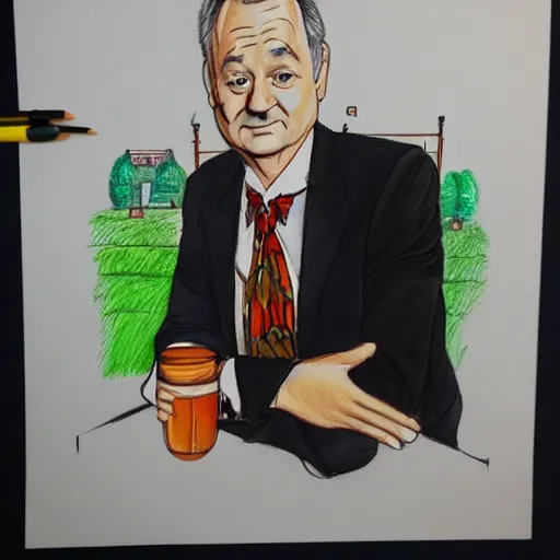 Image similar to Elegant portrait of bill murray, friendly, photorealistic, facial detail, color drawing, in the style of busytown