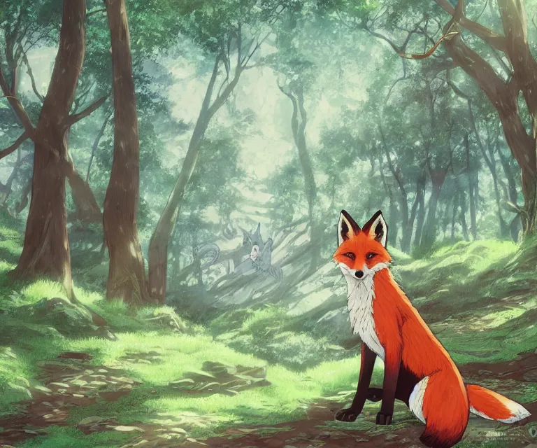 Prompt: fox in a forest, anime fantasy illustration by tomoyuki yamasaki, kyoto studio, madhouse, ufotable, comixwave films, trending on artstation