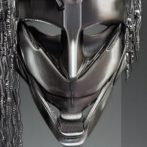 Image similar to a close up of a mask on a table, cyberpunk art by Giger, zbrush central contest winner, afrofuturism, made of paperclips, darksynth, made of liquid metal