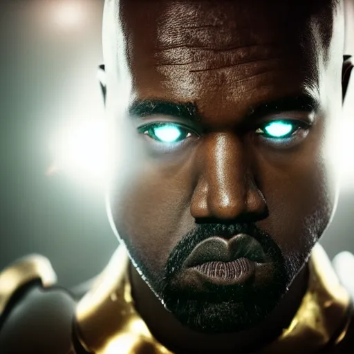 Image similar to Portrait of Kanye West in a Ironman-suit, splash art, movie still, cinematic lighting, dramatic, octane render, long lens, shallow depth of field, bokeh, anamorphic lens flare, 8k, hyper detailed, 35mm film grain