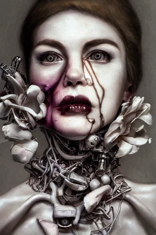 Prompt: hyperrealism close-up portrait of flowers merged medieval female hard melting cyborg , horror, microchips, pale skin, wearing dark silk, in style of classicism, 80's sci-fi book art