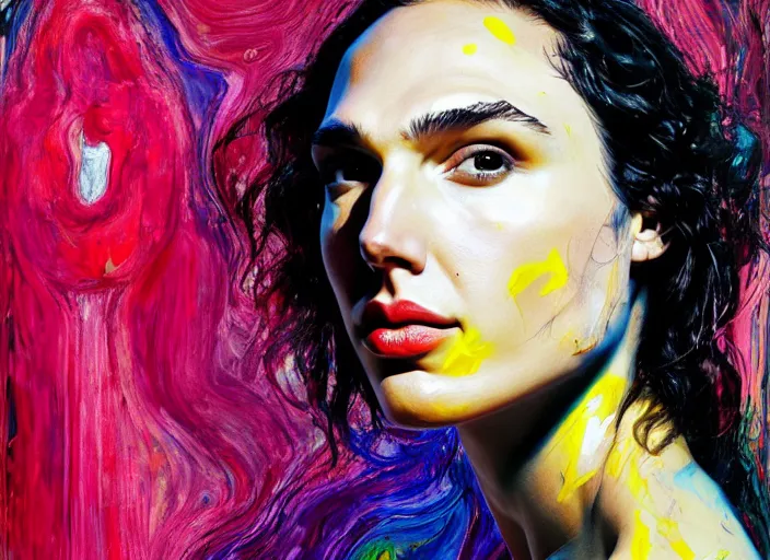 Image similar to portrait of gal gadot, by vincent lefevre and hernan bas and pat steir and hilma af klint, psychological, photorealistic, dripping paint, washy brush, rendered in octane, altermodern, masterpiece