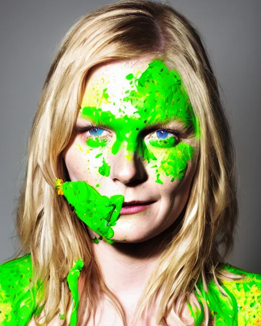 Image similar to photorealistic portrait headshot photos of kirsten dunst with bright green paint splattered across her face. photoshoot peter hurley, nyc headshot photographer, photorealistic