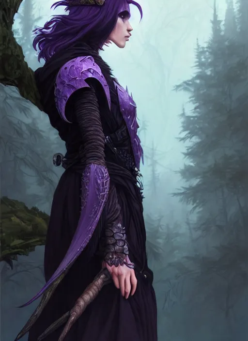 Image similar to side portrait crow, adventurer outfit large cloak, fantasy forest landscape, dragon scales, fantasy magic, undercut hairstyle, short purple black fade hair, dark light night, intricate, elegant, sharp focus, illustration, highly detailed, digital painting, concept art, matte, art by WLOP and Artgerm and Greg Rutkowski and Alphonse Mucha, masterpiece