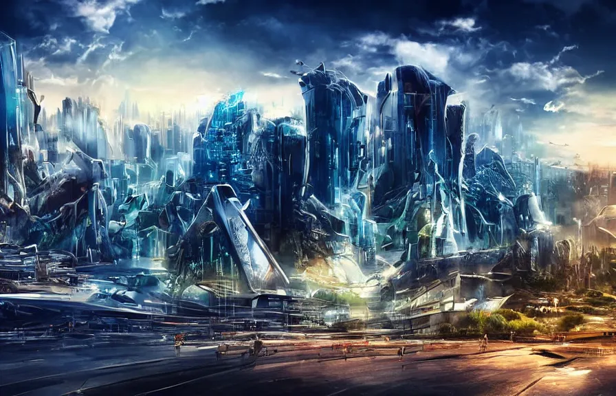 Image similar to vista of futuristic city, harmony of technology and nature, dramatic afternoon sky