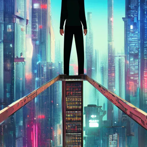 Image similar to A man standing on top of a bridge over a city, cyberpunk art by Vincent Lefevre, behance contest winner, altermodern, cityscape, synthwave, matte painting