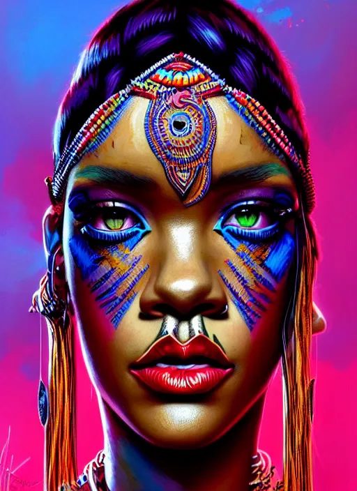 Image similar to portrait of rihanna, hyper detailed ultra sharp aztec shaman warrior. trending on artstation, warpaint aesthetic, bloodwave, colorful, psychedelic, ornate, intricate, digital painting, concept art, smooth, sharp focus, illustration, art by artgerm and greg rutkowski and h. r. giger, 8 k