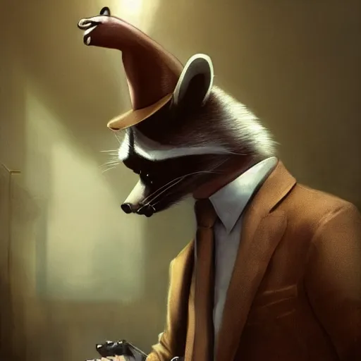 Image similar to a racoon wearing a suit smoking a cigar on his mouth, dramatic lighting, cinematic, establishing shot, extremly high detail, photorealistic, cinematic lighting, artstation, style by James Gurney