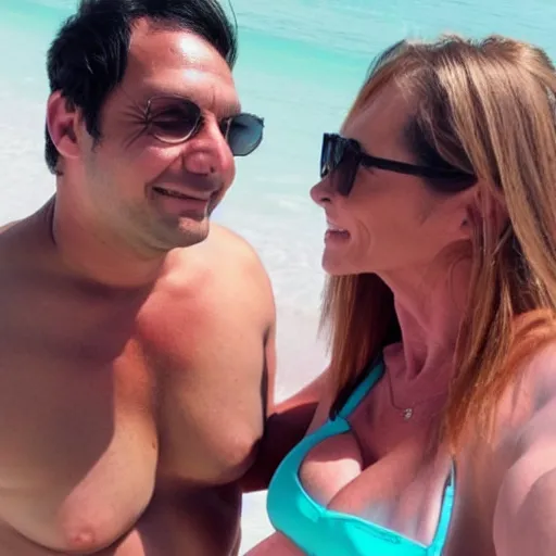 Image similar to photo of a 3 3 year old man that looks young for his age dating a very attractive 5 5 year old woman wearing a bikini.
