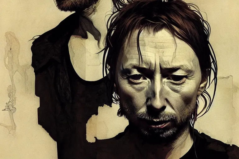 Image similar to hyper realistic portrait of thom yorke singer songwriter, side, flat face, liminal space, by lee bermejo, alphonse mucha and greg rutkowski