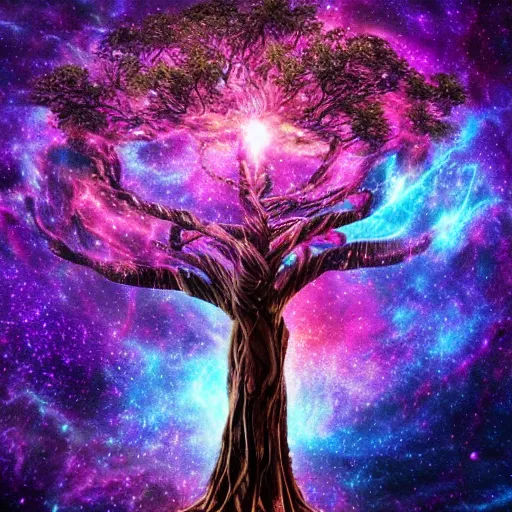 Prompt: cosmic tree of life swirling through galaxies, nebulae, god rays, intricate, artstation style, elegant, very beautiful, unreal engine, 4 k, hyper realistic, sharp focus, extreme details, masterpiece,