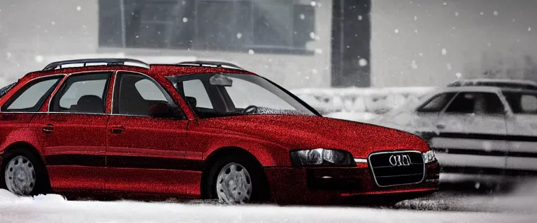 Image similar to Audi A4 B6 Avant (2002), a gritty neo-noir, dramatic lighting, cinematic, eerie person, death, homicide, homicide in the snow, viscera splattered all over the car, gunshots, establishing shot, extremely high detail, photorealistic, red mist, arson, burning city, cinematic lighting, artstation, by simon stalenhag, Max Payne (PC) (2001) winter New York at night, In the style of Max Payne 1 graphic novel, flashing lights, Poets of the Fall - Late Goodbye