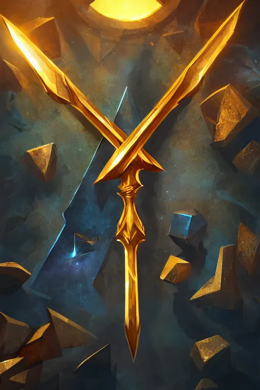 Image similar to a magical golden weapon, d & d, league of legends, concept art, blue background, dramatic lighting. realistic, epic legends, game icon, global illumination, ian pesty