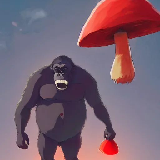 Prompt: cartoon gorilla wearing a black shirt, headphones on head, holding a red mushroom, landscape illustration concept art anime key visual trending pixiv fanbox by wlop and greg rutkowski and makoto shinkai and studio ghibli and kyoto animation