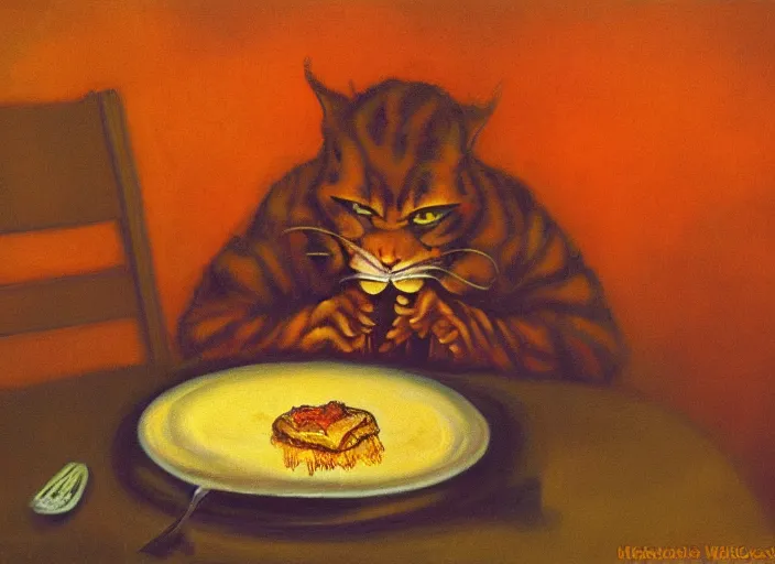 Image similar to surrealist impressionist painting of garfield eating lasagna at dusk, in the style of michael whelan and wayne barlowe