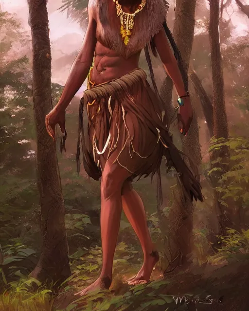 Prompt: an African tribeswoman standing in the woods. By Makoto Shinkai, Stanley Artgerm Lau, WLOP, Rossdraws, James Jean, Andrei Riabovitchev, Marc Simonetti, krenz cushart, Sakimichan, D&D trending on ArtStation, digital art.