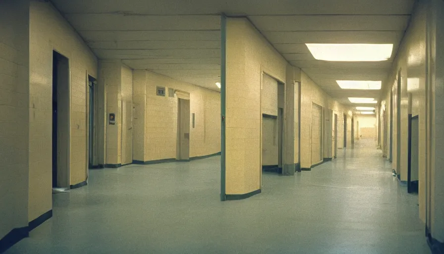 Prompt: 60s movie still of a sovietic stalinist style empty hospital corridor with light yellow tiles floor, cinestill 800t 50mm eastmancolor, liminal Space style, heavy grain-s 150