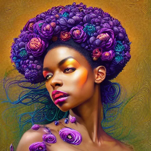 Prompt: beautiful black woman with purple flowers for hair, intense colours, vibrant and vivid color, Digital art, hyper detailed, opulent, hyper realistic, bizarre, in the style of Klimt, Peter Mohrbacher, Marc Simonetti,Jean Giraud, victo ngai, 8k