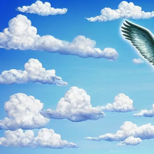 Image similar to bright blu sky. fluffy clouds. angels with big wings wake - up