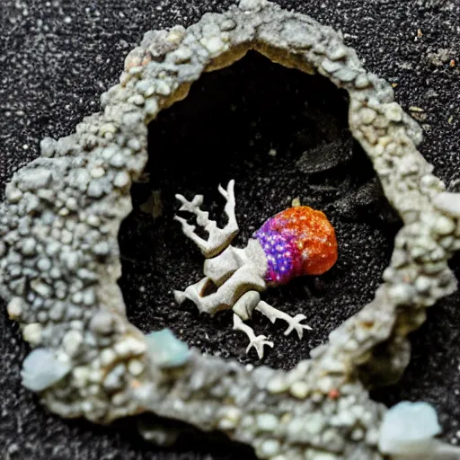 Prompt: tiny dinosaur skeleton inside a geode of multi-colored crystals