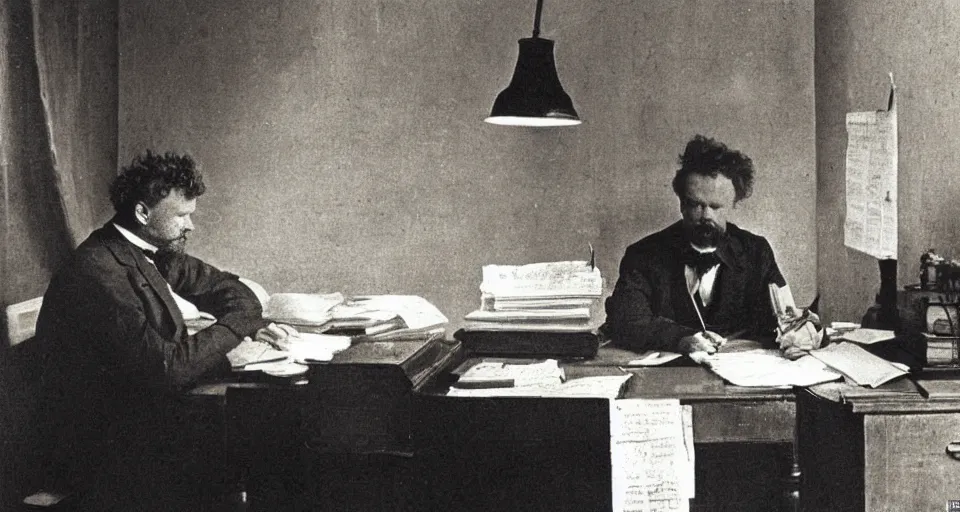 Prompt: august strindberg writing at a secretary desk in a small viennese apartment, night time, alone, lamplight, victorian era, depth of field