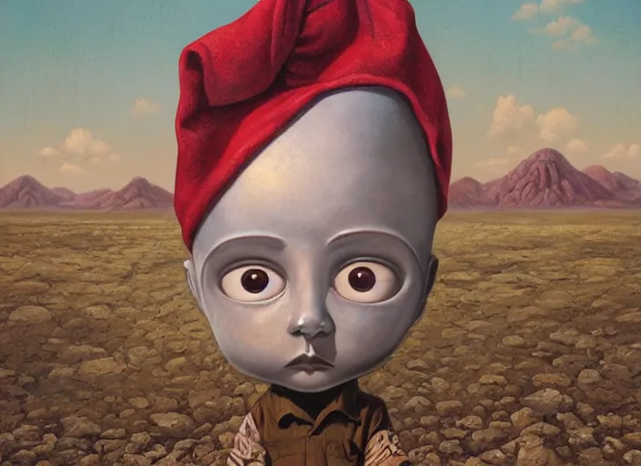 Image similar to a forgotten garden gnome in a vast barren desert, hopeless wasteland background with a relentless raging sun overhead, an ultrafine detailed painting by mark ryden, trending on deviantart, pop surrealism, whimsical, lowbrow, perfect symmetrical face