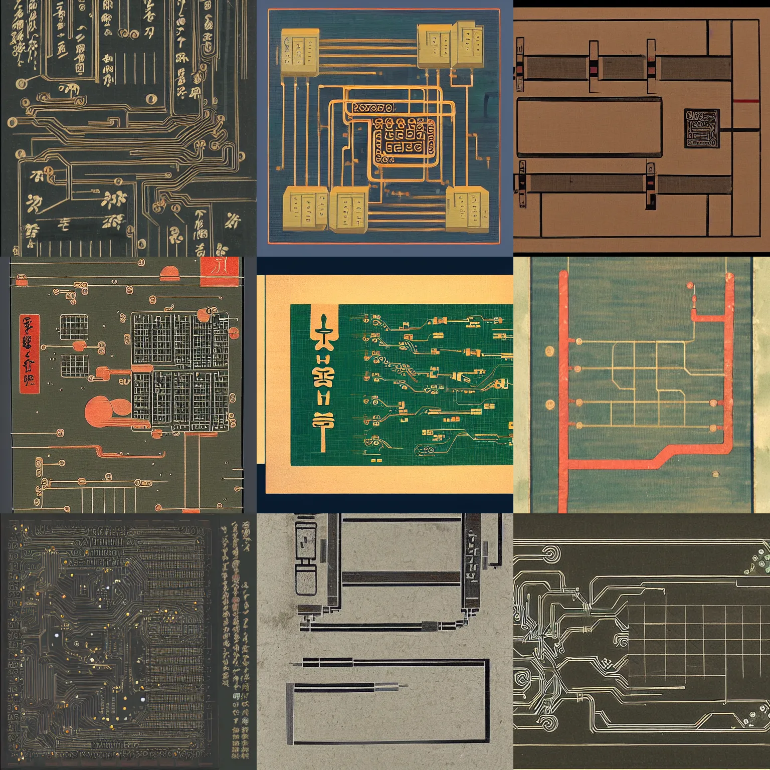 Prompt: ancient japanese painting of a circuit board, artstation