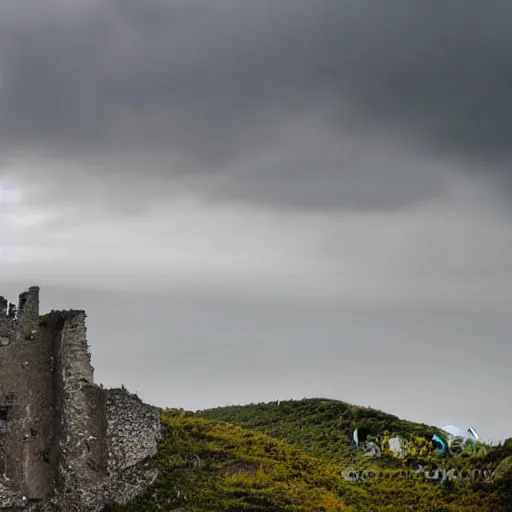 Image similar to photograph, a ruined castle on top of a big mountain, the photo was taken from very far away below the castke looking up at it, there are no other mountains around it, there is only sky in the background, day time, ambient lighting, exteme far up, ultra high detail, 8 k