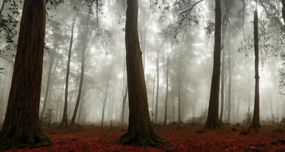 Image similar to a magical forest, thick fog, dark, fireflies flying and glowing, big trees, epic lighting, cinematic 4K