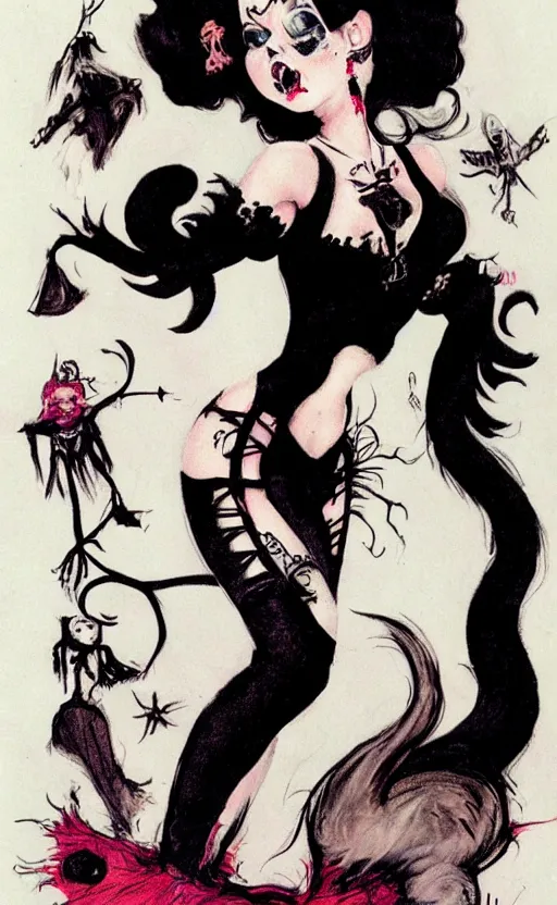 Prompt: of a witch girl burlesque psychobilly punk, rockabilly black hair, white background, drawing, illustration by frank frazetta