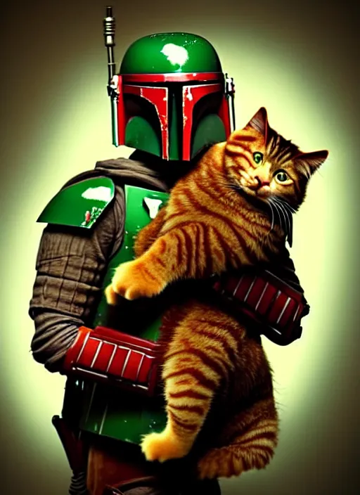 Image similar to boba fett holding a fat ginger cat in his arms, star wars, beautiful glowing lights, sci - fi, stunning, intricate, elegant. highly detailed, film still.