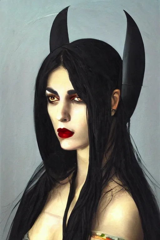 Image similar to by inci eviner oil painting, close - up portrait of european medieval brunette vampire fashion model, knight, steel gradient, in style of inci eviner,