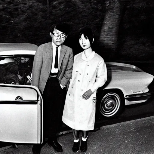 Prompt: 1960s press archive of the actress Choi Eun-Hee and director Shin Sang-ok coming out of a car, faces obscured, Reuters, 35mm film, film grain, mysterious exterior, underexposed