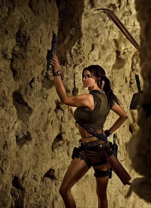 Prompt: Lara Croft raiding a Tomb, intricate details, cinematic photo