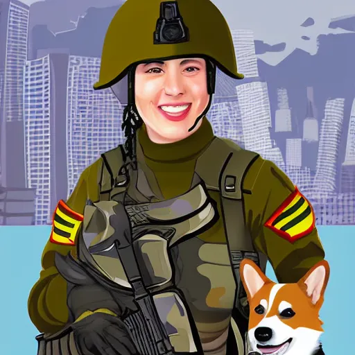 Image similar to female soldier with corgi sniffer dog in sci-fi city, digital art