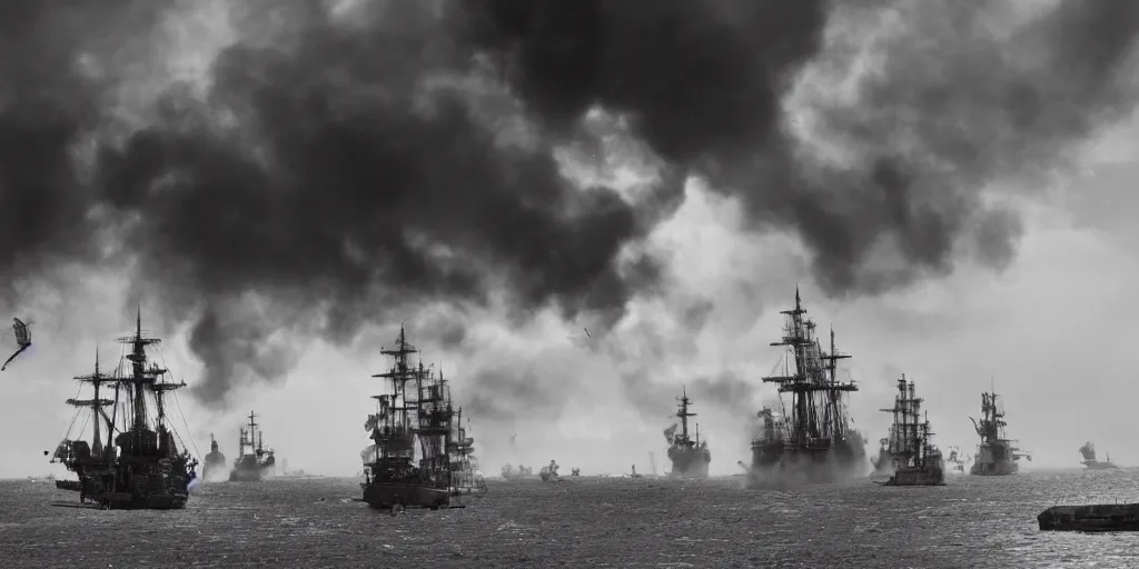 Prompt: steampunk naval battle, shots fired, clouds of smoke, wide shot, 120 black and white film