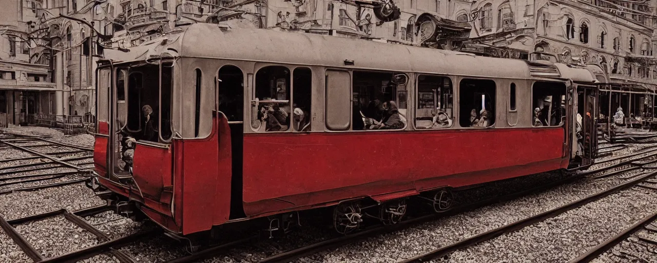 Image similar to early train built with spaghetti engines, canon 5 0 mm, cinematic lighting, photography, retro, kodachrome film