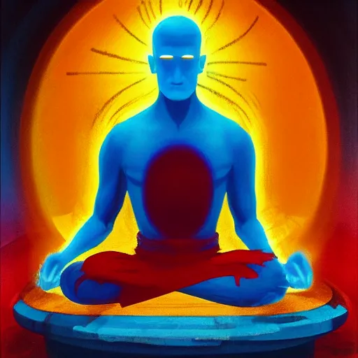 Prompt: shaman chakra telekinesis red artificer Dr. Manhattan wearing crimson sweatshirt brandishes a blue fire orb levitating meditation norman ackroyd jim lambie greg rutkowski rothko tombow