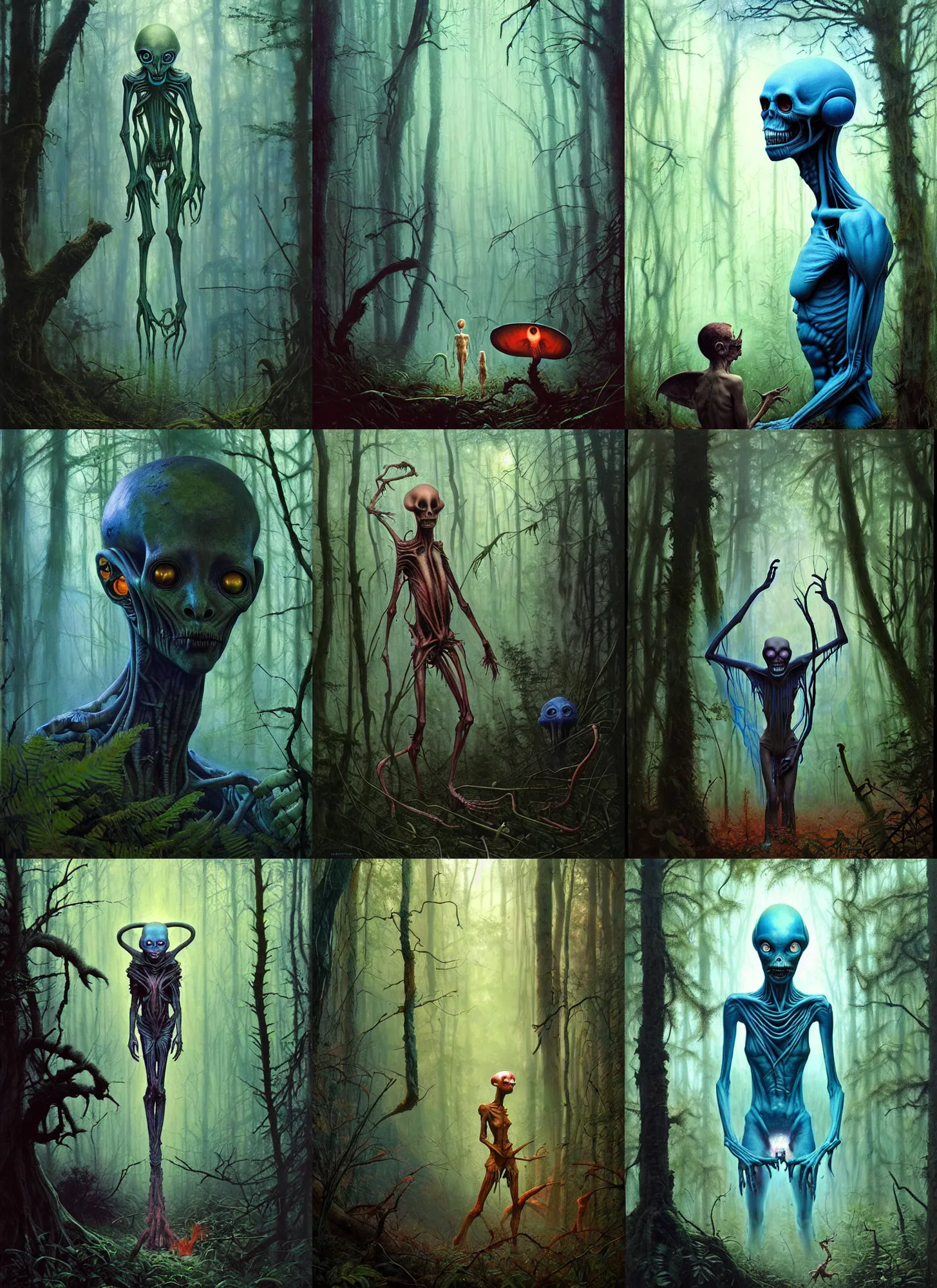 Image similar to hyper realistic spooky alien in the woods in a river gorgeous lighting, lush forest foliage blue sky a hyper realistic painting by chiara bautista and beksinski and norman rockwell and greg rutkowski, tom bagshaw weta studio, and lucasfilm