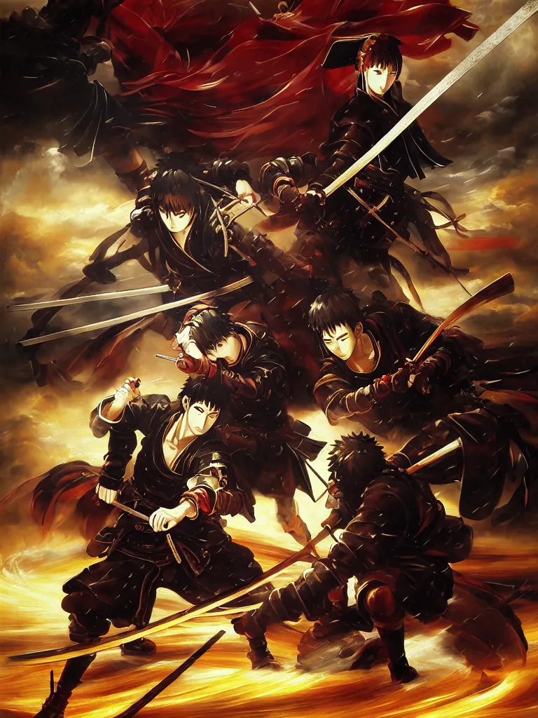 Image similar to baroque oil painting of key visual samurai duel, samurai armor, rain, brutalist fantasy, style of makoto shinkai takashi takeuchi yoshiyuki sadamoto, fate stay night