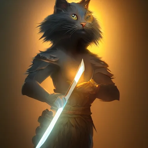 Image similar to character concept portrait, a warrior cat holding a blade, bright glowing, 3 d rendered, 3 d rendering, dramatic lighting, unreal enginedigital painting, concept art, smooth, sharp focus, illustration, 8 k resolution, trending on art station, cinema 4 d, behance hd