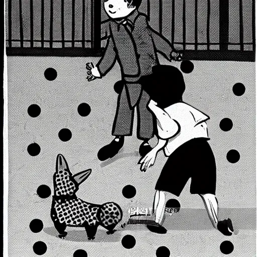 Image similar to book illustration of a french boy on the streets of paris playing football against a corgi, the dog is wearing a polka dot scarf, 1 9 6 6