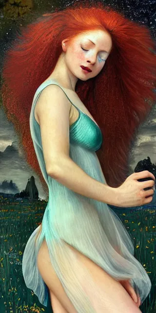 Image similar to mystical scene, fully covering intricate dress, young woman, fit body, serene smile surrounded by golden firefly lights amidst nature, long red hair, precise linework, accurate green eyes, small nose with freckles, beautiful smooth oval shape face, empathic, expressive emotions, hyper realistic ultrafine art by artemisia gentileschi, jessica rossier, boris vallejo