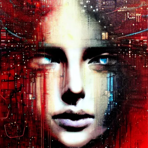 Prompt: hyperrealistic portrait of a mysterious cyberpunk woman with flowing hair, by Guy Denning, Johannes Itten, Russ Mills, beautiful, elusive, glitch art, hacking effects, glitch effects, digital tech effects, cybernetics, detailed lines, holographic, chromatic, clear, color blocking, digital painting, octane, concept art, abstract, red face, 8k, trending on cgsociety, trending on artstation