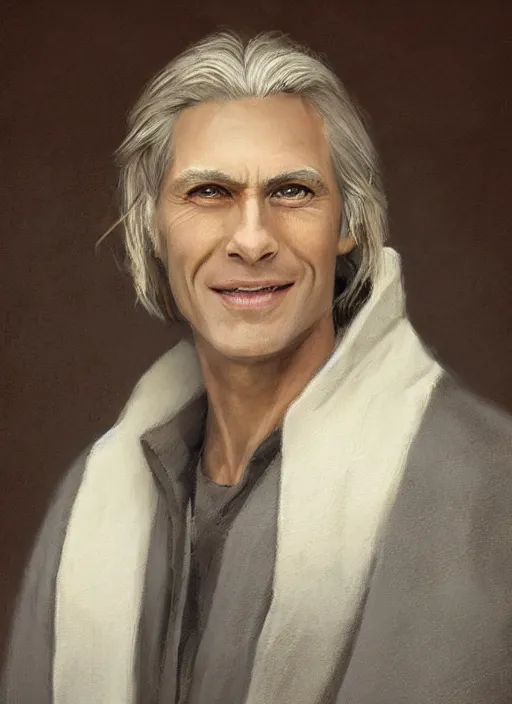 Prompt: a clean shaven man aged 4 0 with tousled blonde hair and hazel eyes and a friendly smile. he is handsome and wearing a grey cloak. head and shoulders portrait painting by greg rutkowski and raymond swanland.