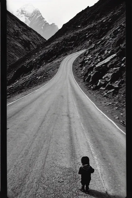 Prompt: photo polaroid of a sad and lonely child in the middle of a mountain road , Nepal,Himalayas, loneliness,,tahr , black and white ,photorealistic, 35mm film,