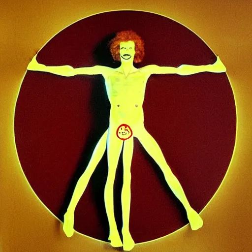 Prompt: Vitruvian man but the man is Ronald McDonald