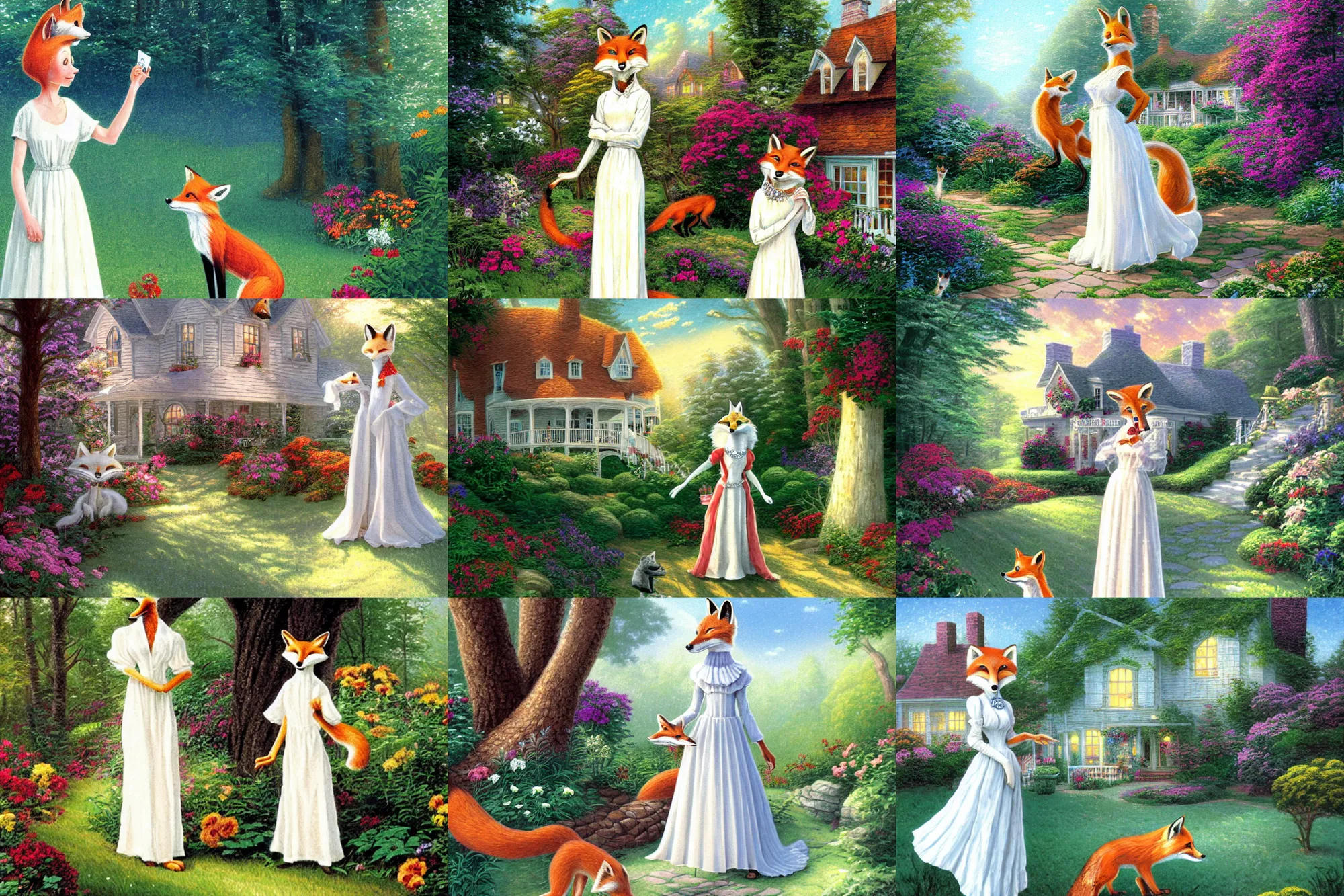 Prompt: an anthropomorphic fox stands outside her beautiful country home wearing a large white dress, illustration by Mary Jane Begin, Steven James Petruccio, Keren Katz, Thomas Kinkade