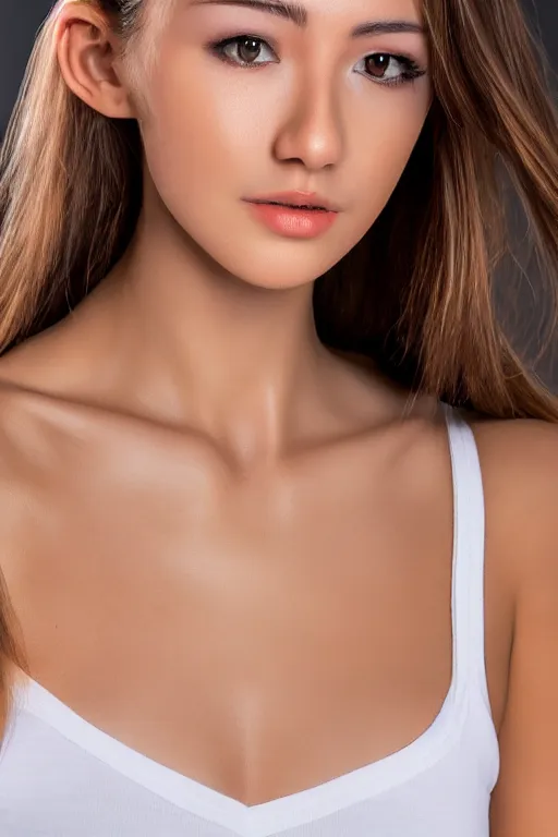 Image similar to 2 4 year old female neck model, wearing white v - neck top, zoomed in, photo realistic, extreme detail skin, no filter, slr, golden hour, 4 k, high definition, ecommerce photograph